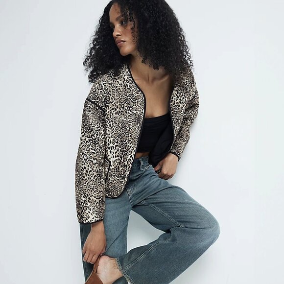 NWT! Leopard Animal Print Crop Quilted Puffer Jacket Open Front Lightweight Coat - Picture 2 of 10